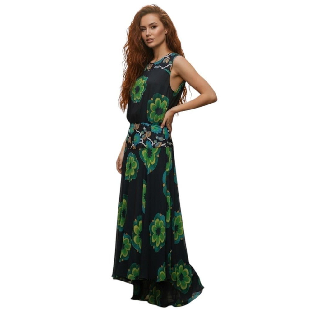 SUNO 100% Silk Maxi Dress Black Green‎ Tropical Print Drop Waist Resortwear - 6